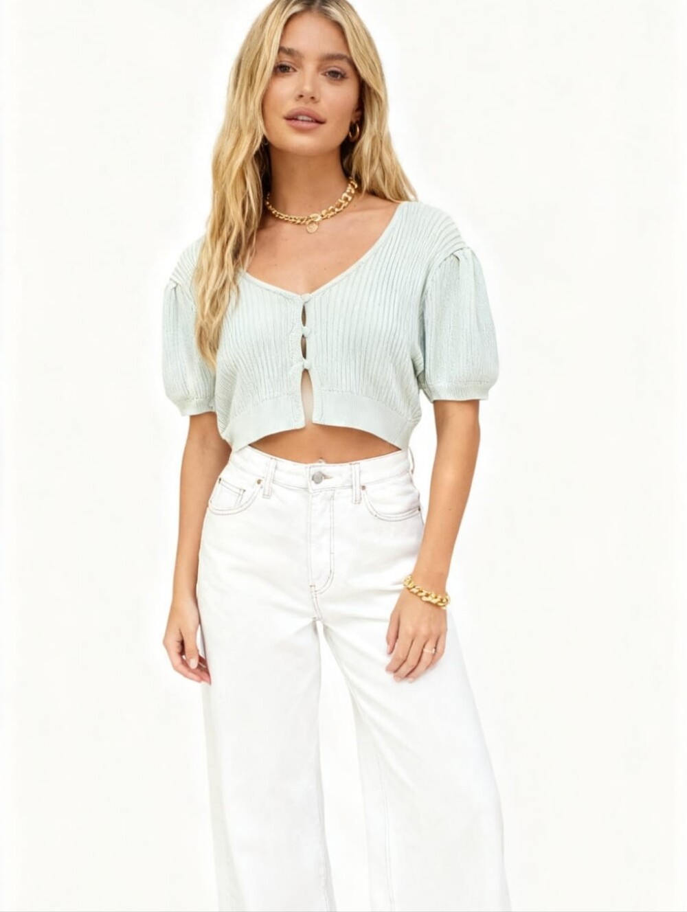 Zara Knit Puff-Sleeve V-Neck Button-Down Crop Cardigan Size M